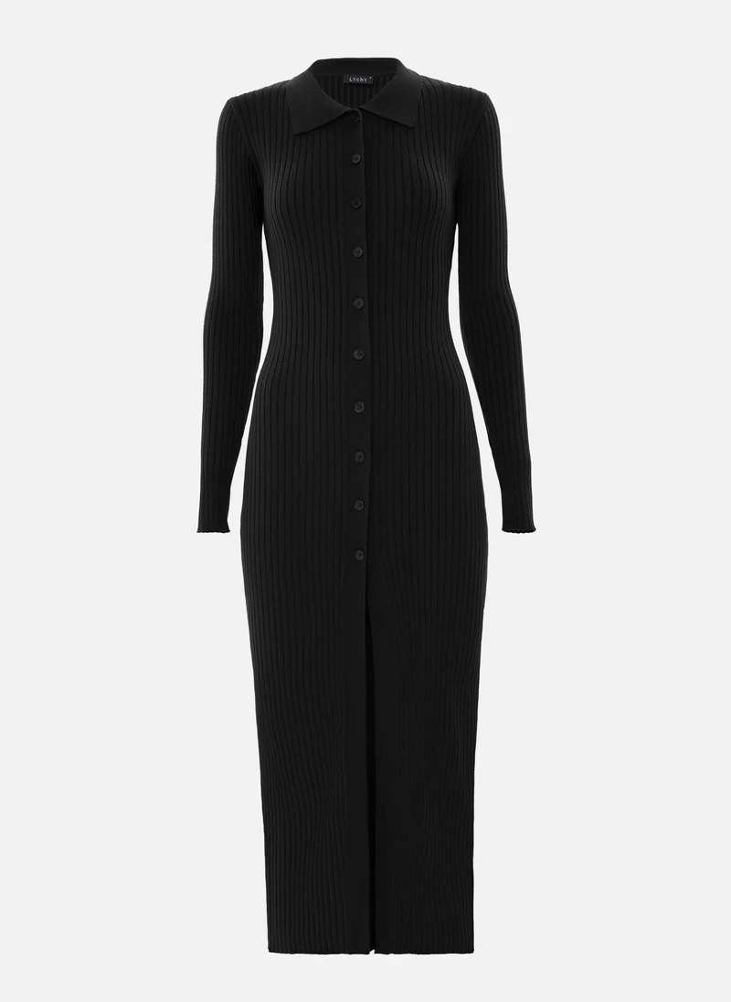 Lichi  Ribbed knitted maxi dress with triangular collar for Women | Best Price UAE