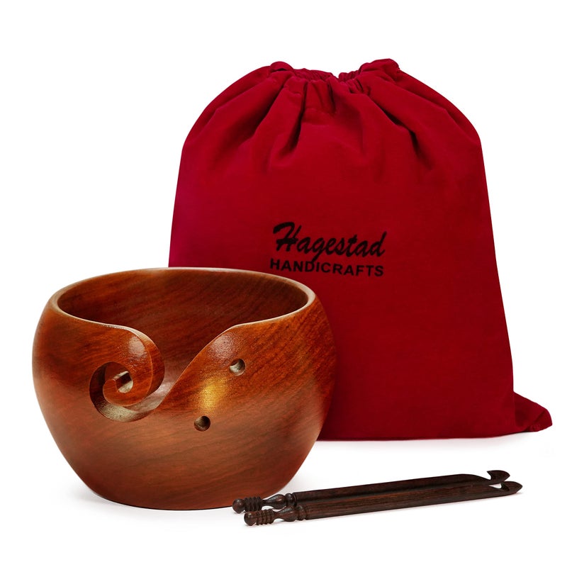 Hagestad Hagestad Large Wooden Crochet Bowl  7x4in Yarn Bowl for Knitting Rustic Brown Rosewood 5 Ounce Capacity Includes Travel Pouch  2 Wooden Crochet Hooks J10 