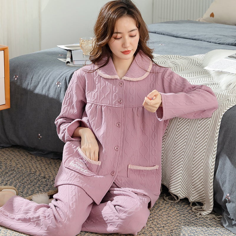 بيجامات نسائية خريف وشتاء قطن سميك دافئ ساندويتش قطن هواء بحجم زائد للأمهات في منتصف العمر ملابس منزلية للنساء - Image 1