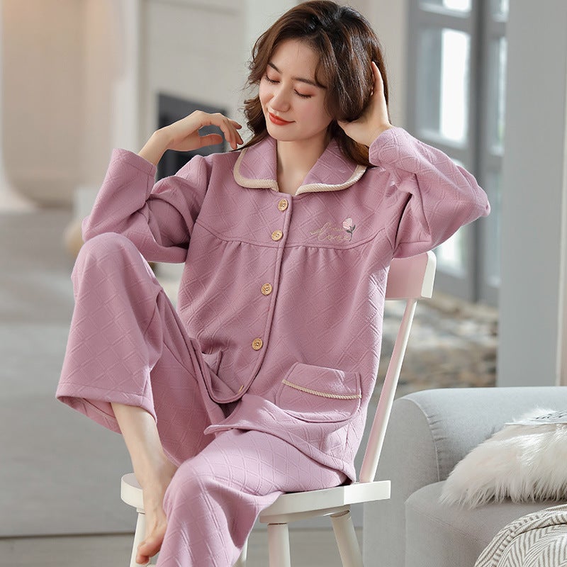 بيجامات نسائية خريف وشتاء قطن سميك دافئ ساندويتش قطن هواء بحجم زائد للأمهات في منتصف العمر ملابس منزلية للنساء - Image 2