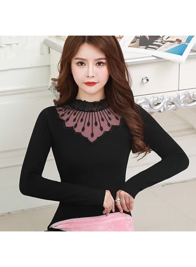Kj Women's Thermal Underwear 37°c Constant Temperature Seamless Mid-neck Lace Base Shirt Thickened Fleece Warm Set Outerwear - Image 3