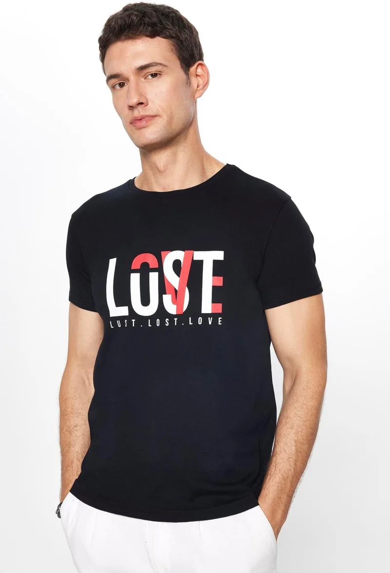 تودورس Men's Slim Fit Narrow Cut 100% Cotton Soft Textured Printed Black Crew Neck T-Shirt