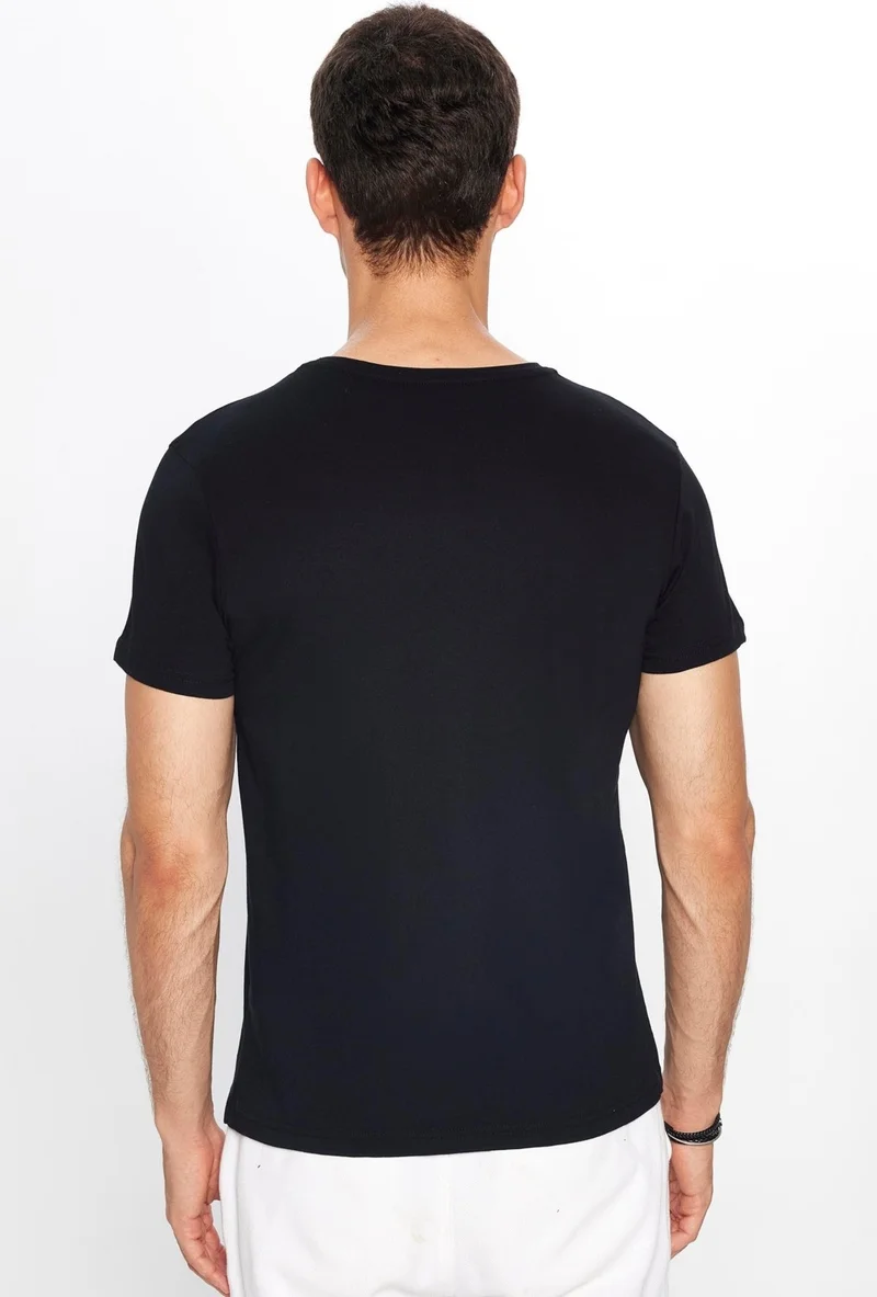 Tudors Men's Slim Fit Narrow Cut 100% Cotton Soft Textured Printed Black Crew Neck T-Shirt