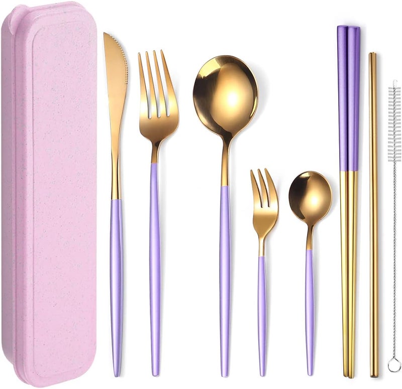 AARainbow 8 Pieces Stainless Steel Flatware Set Portable Reusable Cutlery Set Travel Utensils Set Including Chopsticks Knife Fork Spoon Straws Cleaning Brush Dishwasher Safe (Purple Golden) - Image 1
