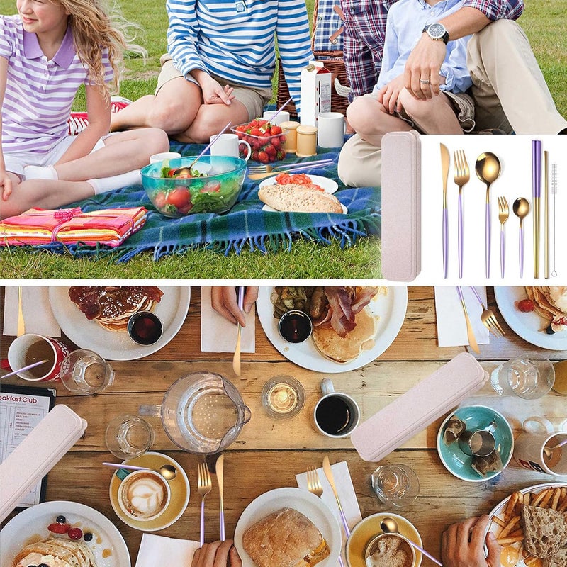 AARainbow 8 Pieces Stainless Steel Flatware Set Portable Reusable Cutlery Set Travel Utensils Set Including Chopsticks Knife Fork Spoon Straws Cleaning Brush Dishwasher Safe (Purple Golden) - Image 5
