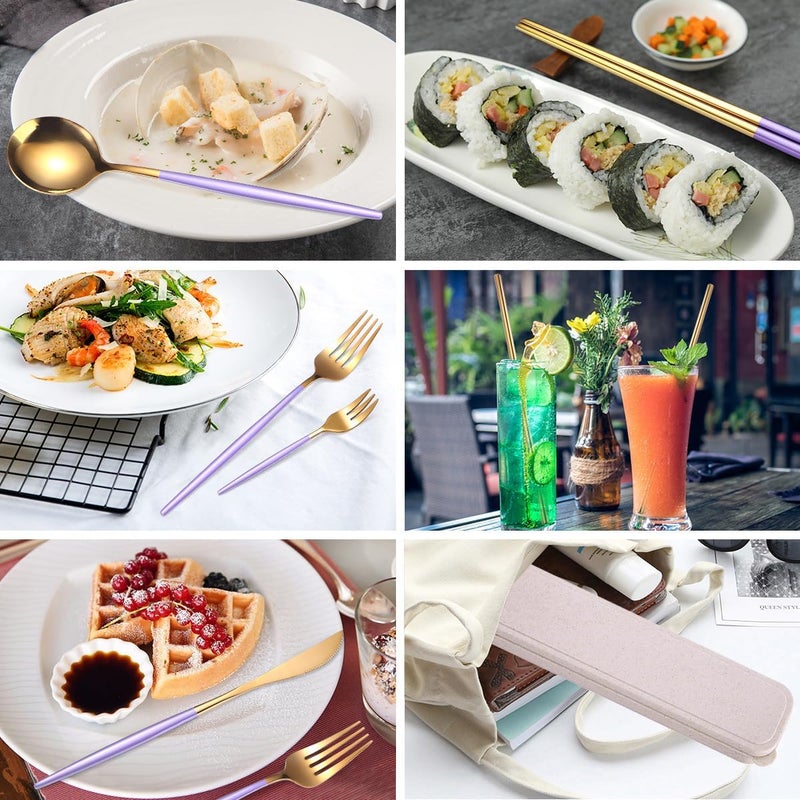 AARainbow 8 Pieces Stainless Steel Flatware Set Portable Reusable Cutlery Set Travel Utensils Set Including Chopsticks Knife Fork Spoon Straws Cleaning Brush Dishwasher Safe (Purple Golden) - Image 4
