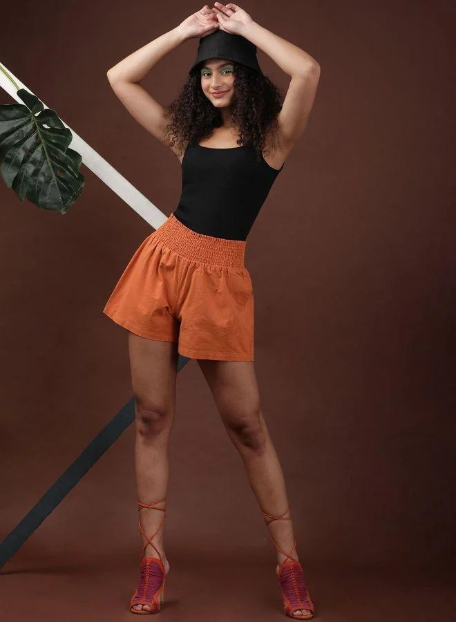 مرفوعة Women Flared Casual Solid Smocked Shorts