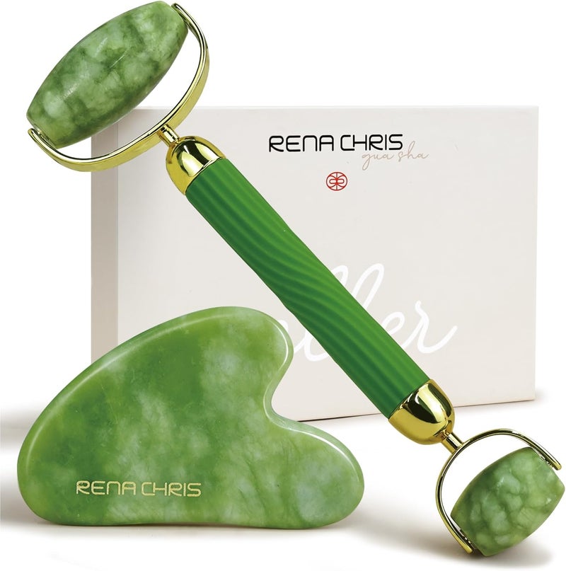 Rena Chris Gua Sha and Jade Facial Roller, Manual Facial Massager and GuaSha Tool, Sculpt Jawline and Reduce Puffiness, Skin Care Gift (Green) - Image 1