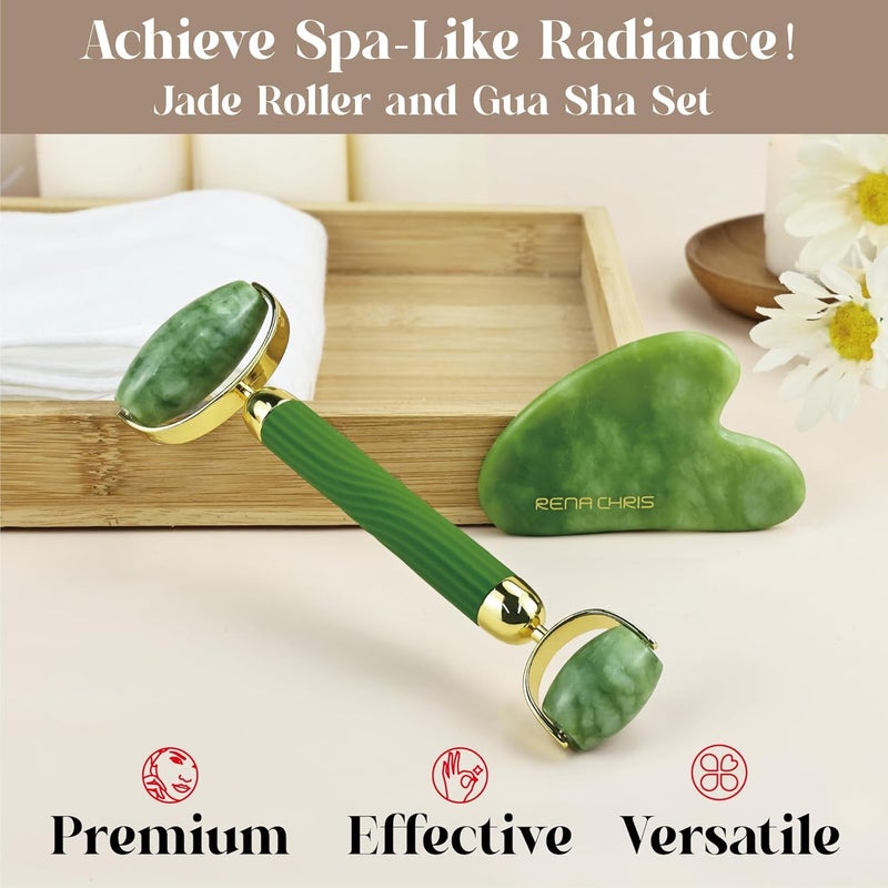 Rena Chris Gua Sha and Jade Facial Roller, Manual Facial Massager and GuaSha Tool, Sculpt Jawline and Reduce Puffiness, Skin Care Gift (Green) - Image 2