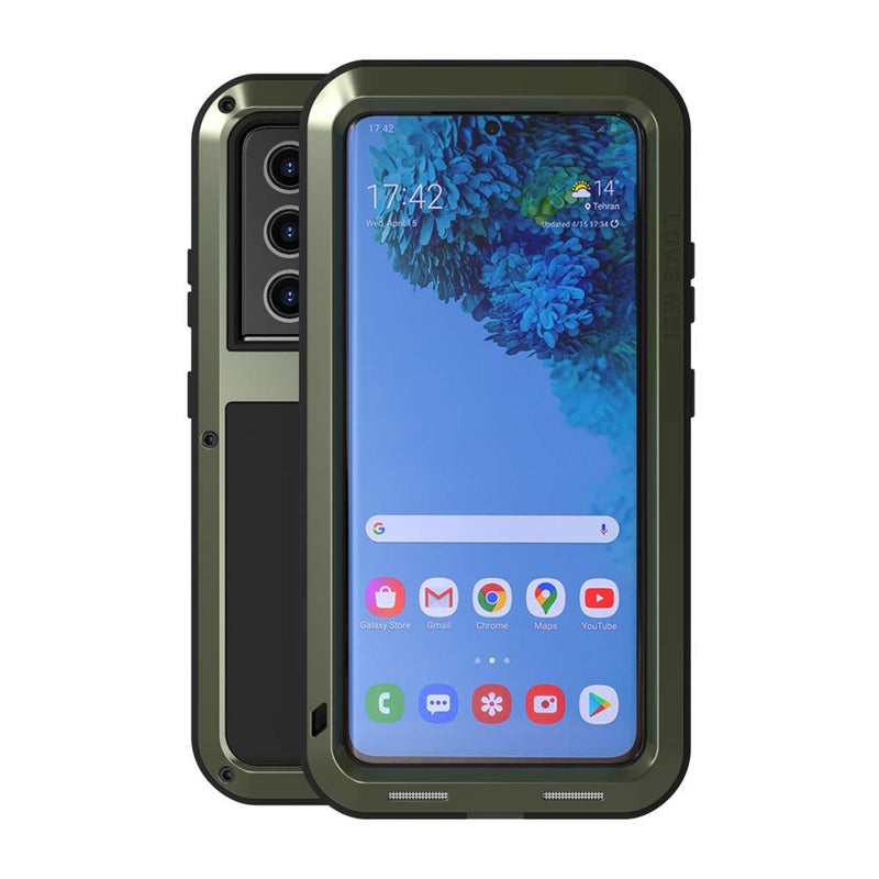 LOVE MEI Military Rugged Case for Samsung Galaxy S21 Ultra, Without Tempered Glass Screen Protector, Shockproof Dustproof Scratch Proof Hybrid Metal and Silicone Gel Heavy Duty Full Body Cover Green - Image 1