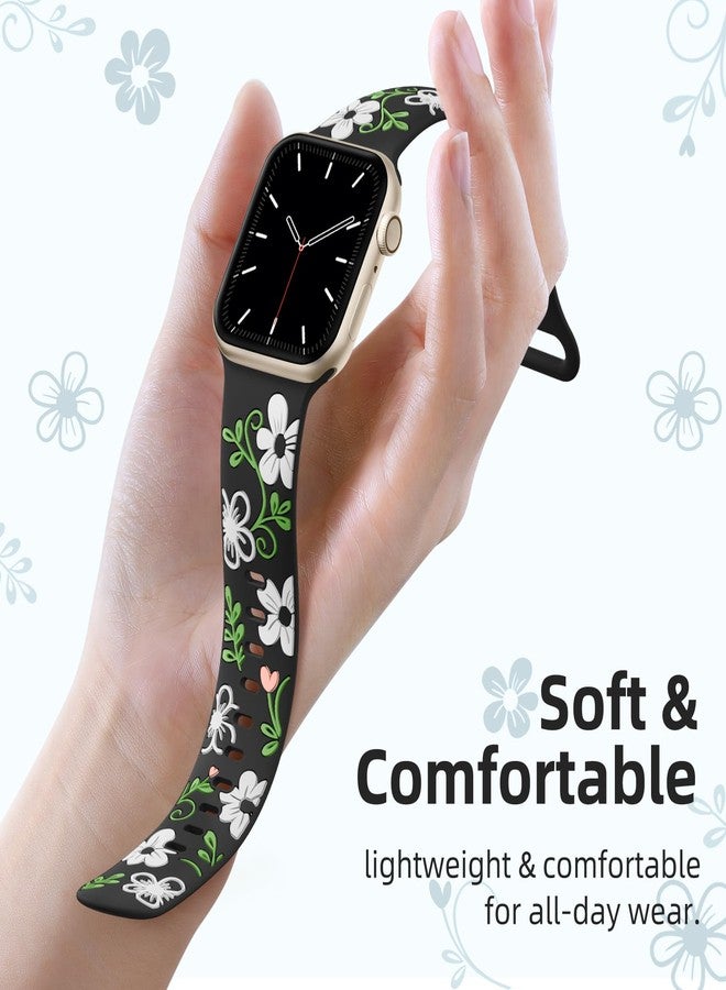 Witzon Floral Band Compatible with Apple Watch Bands For Women 41mm 40mm 38mm 42mm 44mm 45mm 46mm 49mm, Engraved Cute Flower Soft Silicone Strap for iWatch Series 11 10 9 8 7 6 5 4 3 2 1 SE Ultra - Image 3