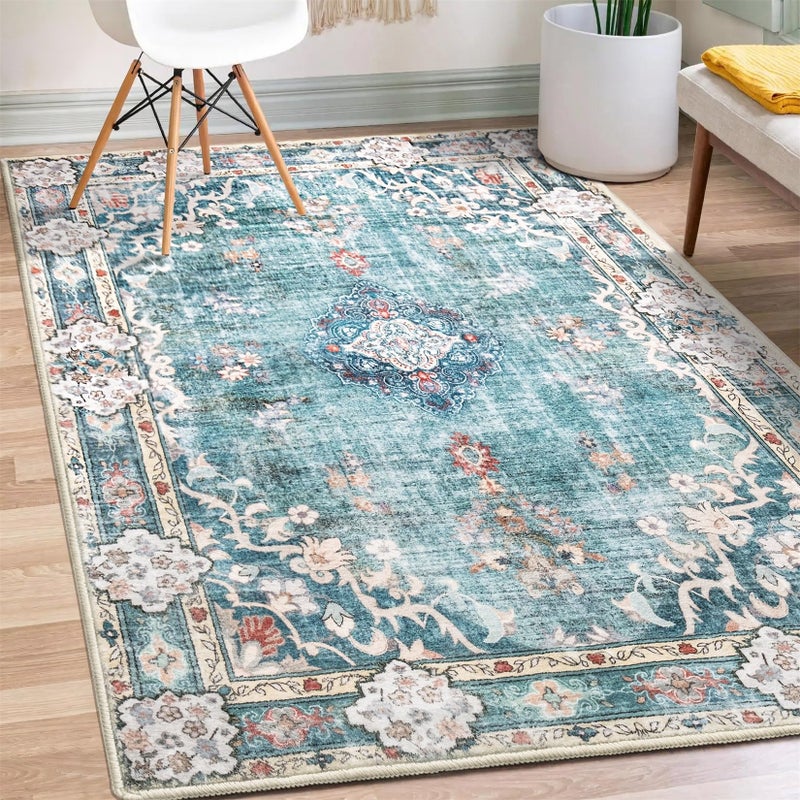 MUJOO Boho Rug 3'x5' Machine Washable Teal Small Area Rugs for Entryway Bedroom Bedside Kitchen Hallway Living Room Laundry Room Indoor Mat Soft Low-Pile Blue Floral Non Slip - Image 1