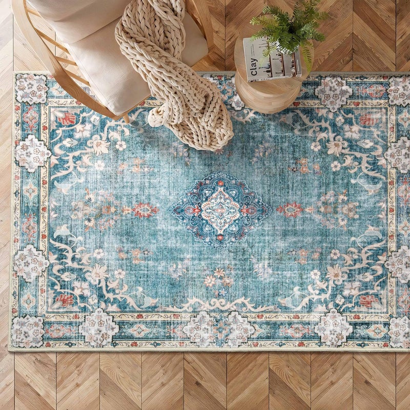 MUJOO Boho Rug 3'x5' Machine Washable Teal Small Area Rugs for Entryway Bedroom Bedside Kitchen Hallway Living Room Laundry Room Indoor Mat Soft Low-Pile Blue Floral Non Slip - Image 2
