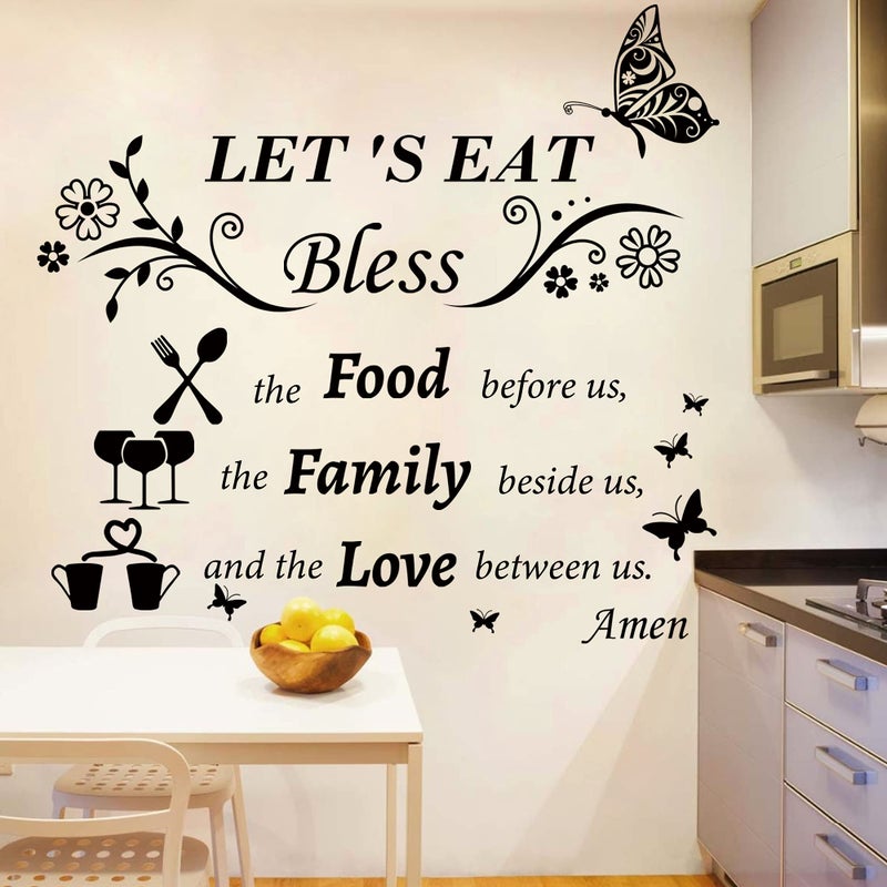 Sinekong Kitchen Wall Decals Dinner Meal Prayer Wall Stickers Vinyl Kitchen Quotes Wall Decal Let's Eat Bless The Food Before Us Sign Saying Stickers for Dinning Room Home Restaurant - Image 1