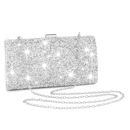 ELABEST Glitter Evening Clutch Bag Double Sided Diamond Bag Crossbody Purse Wedding Party Bag for Women and Girls (Silver) - Image 1