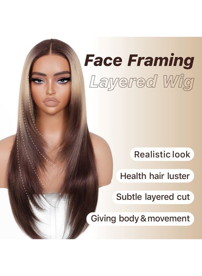 BrownBomb Ombre Blonde Brown Wear and Go Glueless Wigs Pre Plucked Pre Cut for Beginners Synthetic Lace Front Wigs With Bangs Long layered Straight Wigs With Dark Roots 26 Inch 3 Seconds to Wear - Image 2