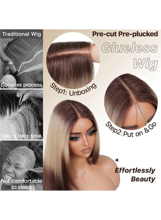 BrownBomb Ombre Blonde Brown Wear and Go Glueless Wigs Pre Plucked Pre Cut for Beginners Synthetic Lace Front Wigs With Bangs Long layered Straight Wigs With Dark Roots 26 Inch 3 Seconds to Wear - Image 4