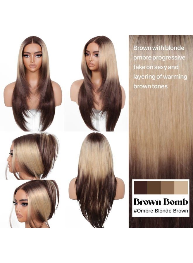 BrownBomb Ombre Blonde Brown Wear and Go Glueless Wigs Pre Plucked Pre Cut for Beginners Synthetic Lace Front Wigs With Bangs Long layered Straight Wigs With Dark Roots 26 Inch 3 Seconds to Wear - Image 3