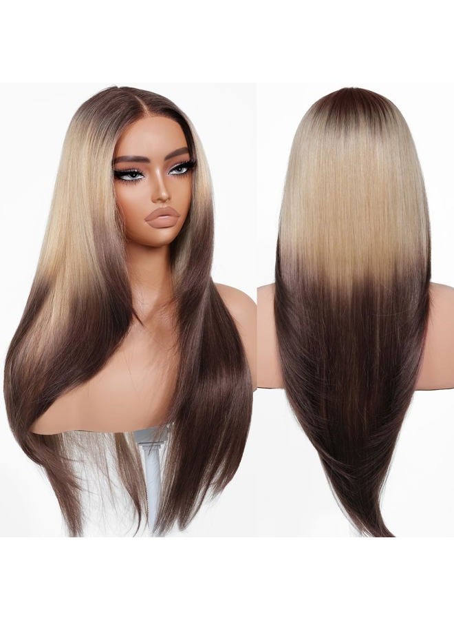BrownBomb Ombre Blonde Brown Wear and Go Glueless Wigs Pre Plucked Pre Cut for Beginners Synthetic Lace Front Wigs With Bangs Long layered Straight Wigs With Dark Roots 26 Inch 3 Seconds to Wear - Image 1