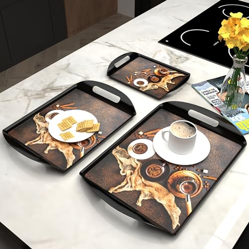 Castleite Aroma Series Melamine Trays Set of 3 with Handles for Serving Snacks or Tea A Designer Tray Medley for Home or Cafe Use (Black Ivory)Rectangular - Image 1
