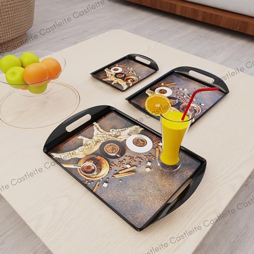 Castleite Aroma Series Melamine Trays Set of 3 with Handles for Serving Snacks or Tea A Designer Tray Medley for Home or Cafe Use (Black Ivory)Rectangular - Image 5