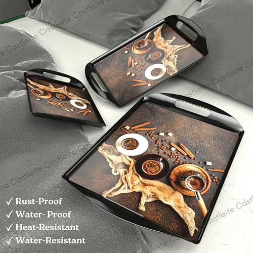 Castleite Aroma Series Melamine Trays Set of 3 with Handles for Serving Snacks or Tea A Designer Tray Medley for Home or Cafe Use (Black Ivory)Rectangular - Image 4