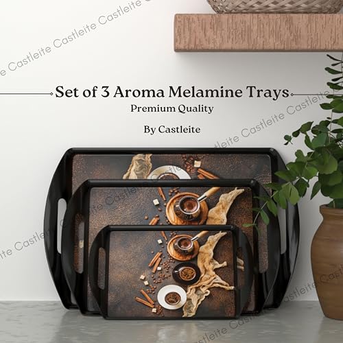 Castleite Aroma Series Melamine Trays Set of 3 with Handles for Serving Snacks or Tea A Designer Tray Medley for Home or Cafe Use (Black Ivory)Rectangular - Image 2