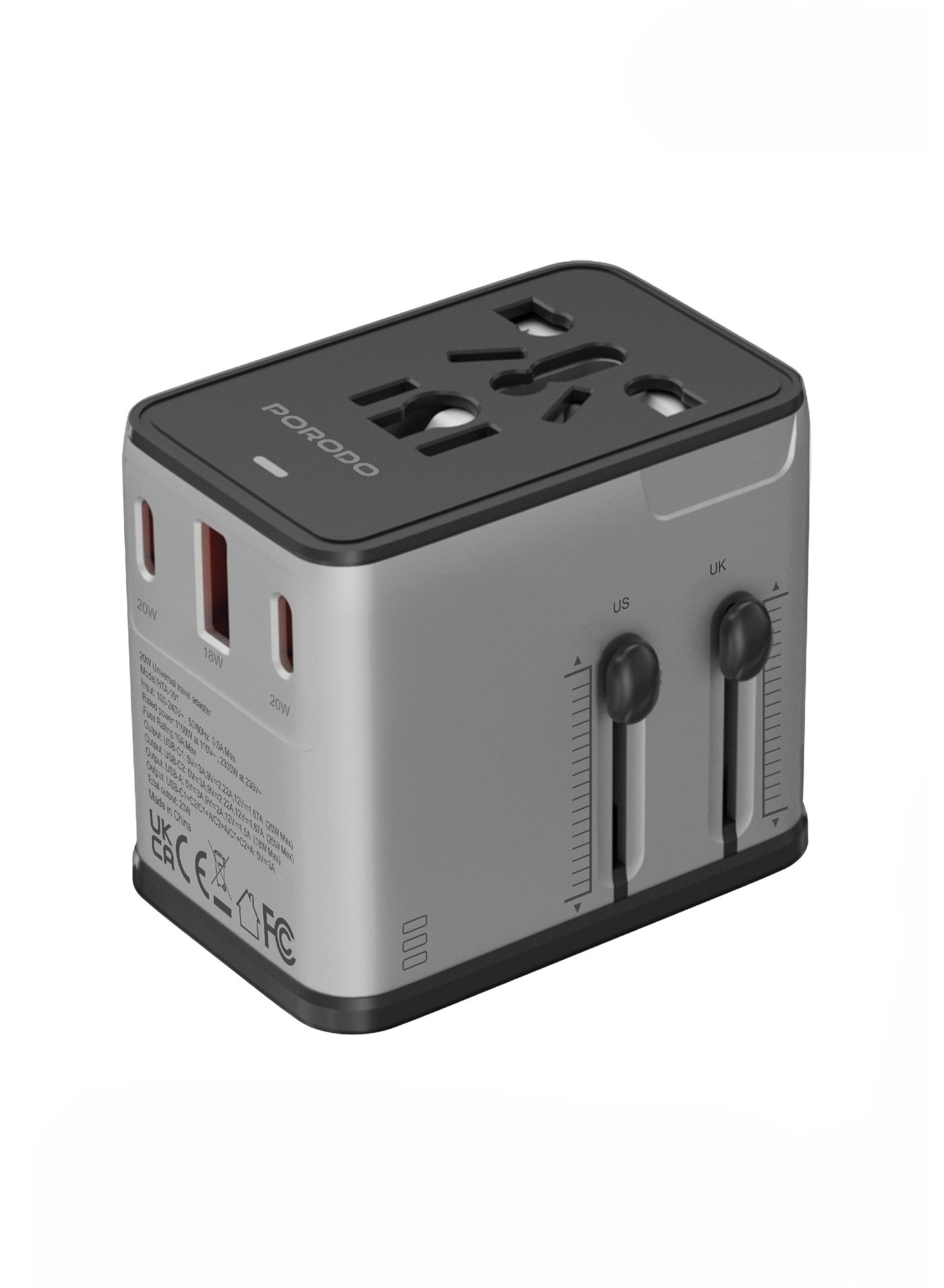 Mega Volt Universal Travel Adapter 2300W GaN Charger with PD 20W & QC 18W / 3 Plug Types (EU, UK, US) / Built-in Safety Features / Compact Design - Silver/ Black