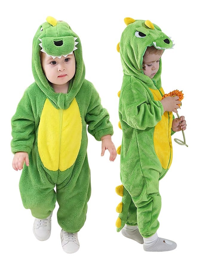 Latnnut Baby Dinosaur Outfit Winter Boy Girl Clothes Fleece Long Sleeve Cartoon Animal Hooded Romper Jumpsuit Layette Sets Clothes Green 6-12 Months - Image 1