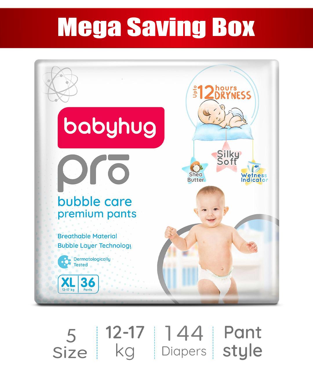 Babyhug Pro Bubble Care Premium Pant Style Diapers, Mega Saving Box, Extra Large, Size 5 - 144 Pieces