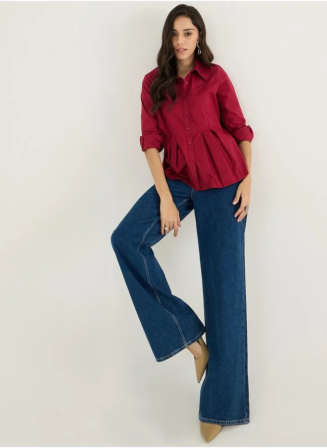 فيميلا Solid Pleated Spread Collar Shirt