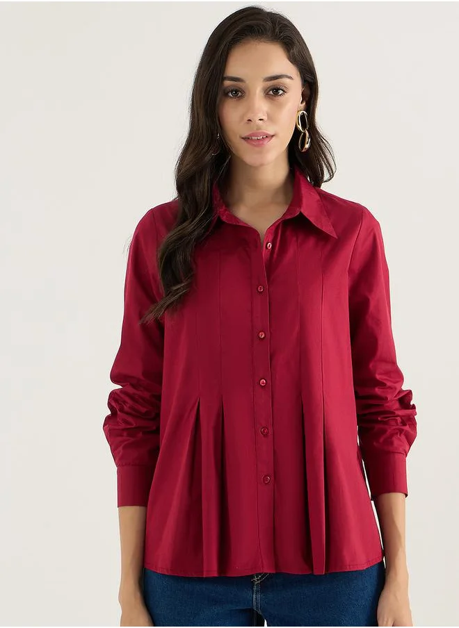 Femmella Solid Pleated Spread Collar Shirt