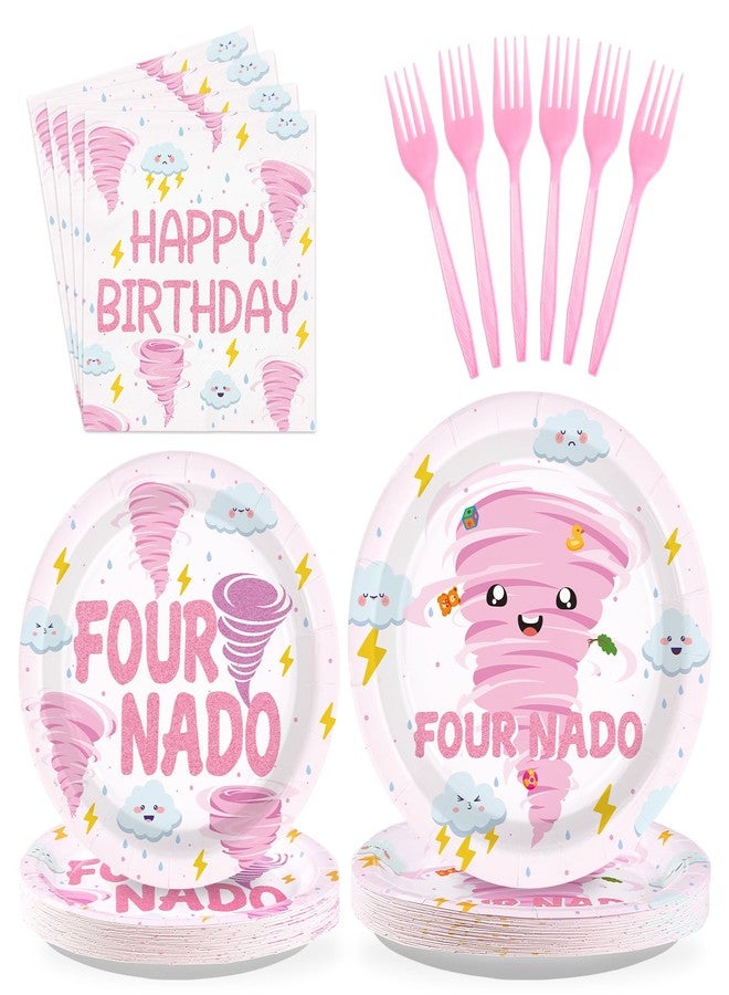 Grencian 96 Pcs Fournado Birthday Party Decorations for Girl Pink Tornado 4th Birthday Plates and Napkins Tableware Set Four Nado Party Decor for Girls 4 Year Old Tornado Theme Baby Shower Supplies Serves 24 - Image 1