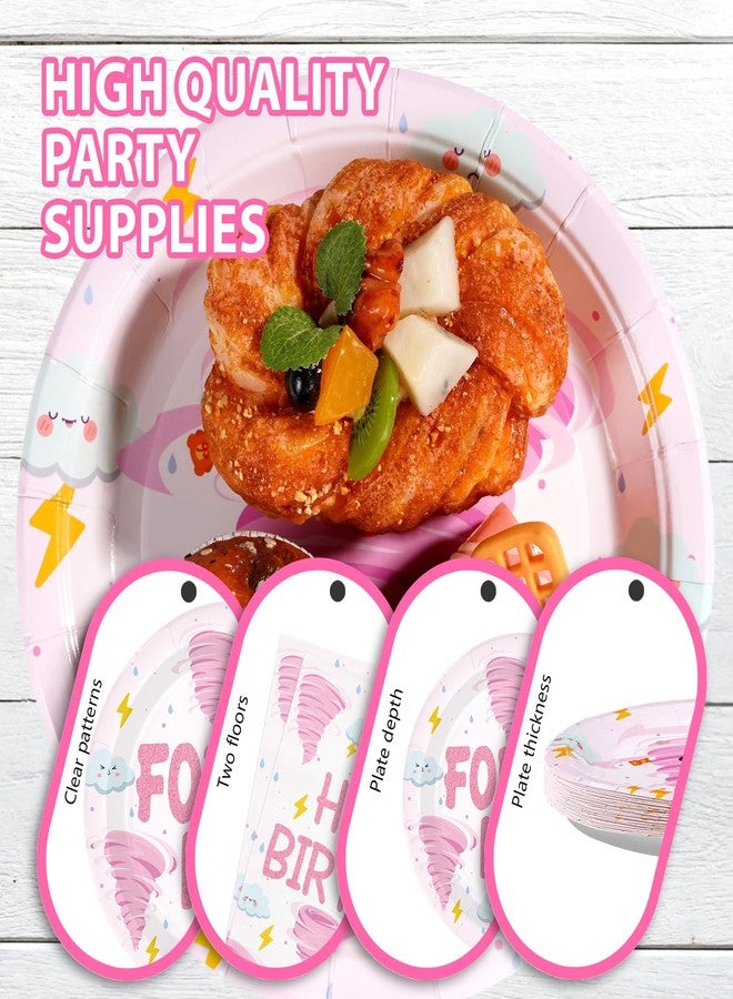 Grencian 96 Pcs Fournado Birthday Party Decorations for Girl Pink Tornado 4th Birthday Plates and Napkins Tableware Set Four Nado Party Decor for Girls 4 Year Old Tornado Theme Baby Shower Supplies Serves 24 - Image 5