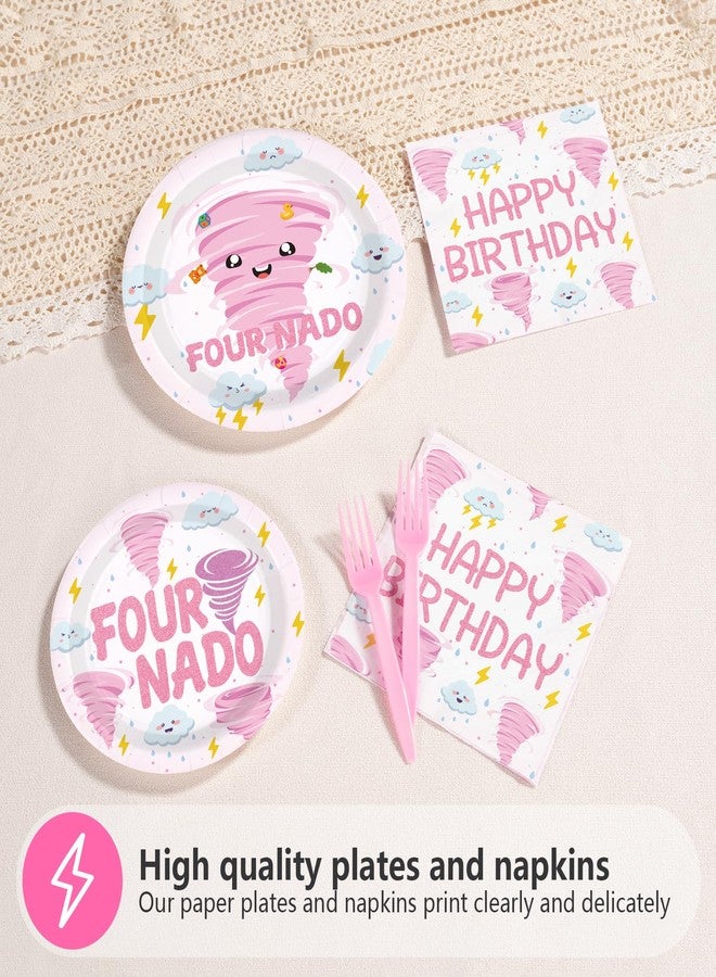 Grencian 96 Pcs Fournado Birthday Party Decorations for Girl Pink Tornado 4th Birthday Plates and Napkins Tableware Set Four Nado Party Decor for Girls 4 Year Old Tornado Theme Baby Shower Supplies Serves 24 - Image 4