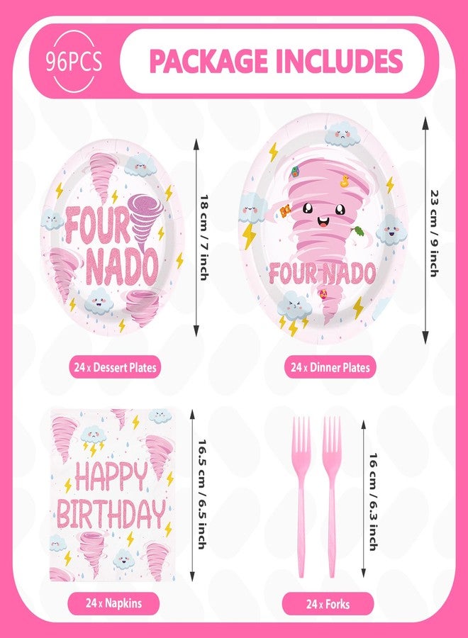 Grencian 96 Pcs Fournado Birthday Party Decorations for Girl Pink Tornado 4th Birthday Plates and Napkins Tableware Set Four Nado Party Decor for Girls 4 Year Old Tornado Theme Baby Shower Supplies Serves 24 - Image 2