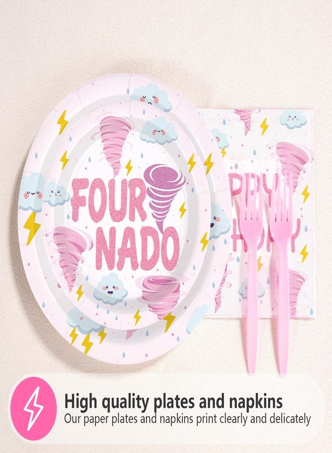 Grencian 96 Pcs Fournado Birthday Party Decorations for Girl Pink Tornado 4th Birthday Plates and Napkins Tableware Set Four Nado Party Decor for Girls 4 Year Old Tornado Theme Baby Shower Supplies Serves 24 - Image 3