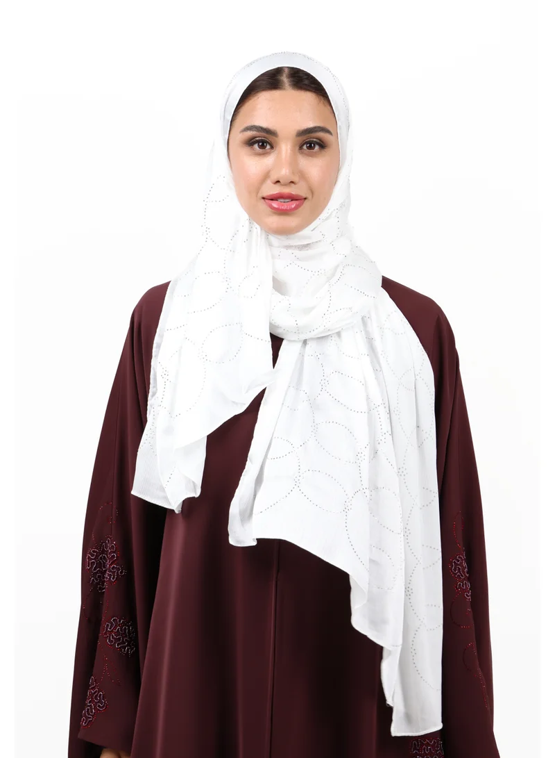 Jameela Luxury Muna Satin Embellished Scarf with Strass Detailing (Pure White)