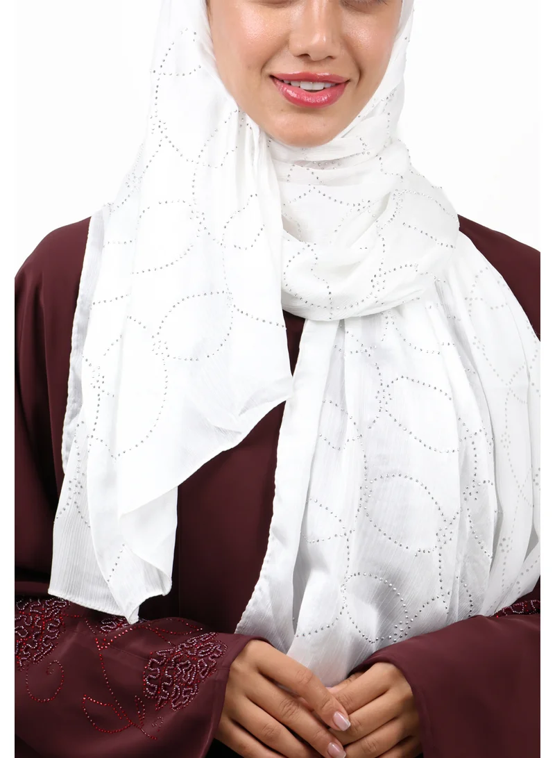Jameela Luxury Muna Satin Embellished Scarf with Strass Detailing (Pure White)
