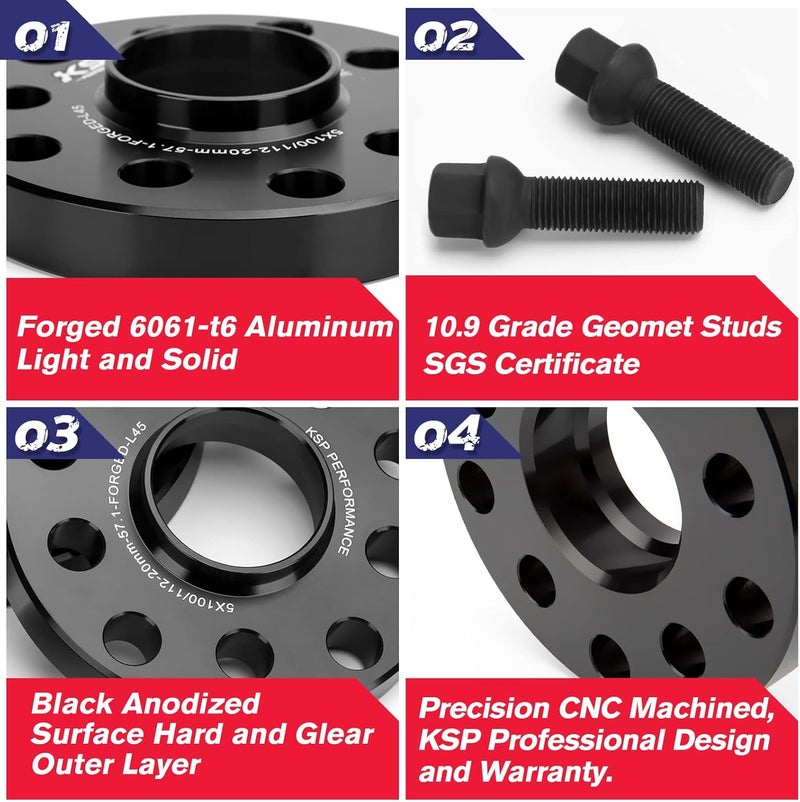 KSP PERFORMANCE KSP 15mm 5x100 Wheel Spacers with M14x1.5 Lug Bolts Compatible with Audi A3 A4 A6 A8 S4 S6 S8 TT, 2pcs 5x112 to 5x112 Hubcentric Spacer fit Golf Jetta Beetle Passat EOS Sedan Racing Car - Image 4