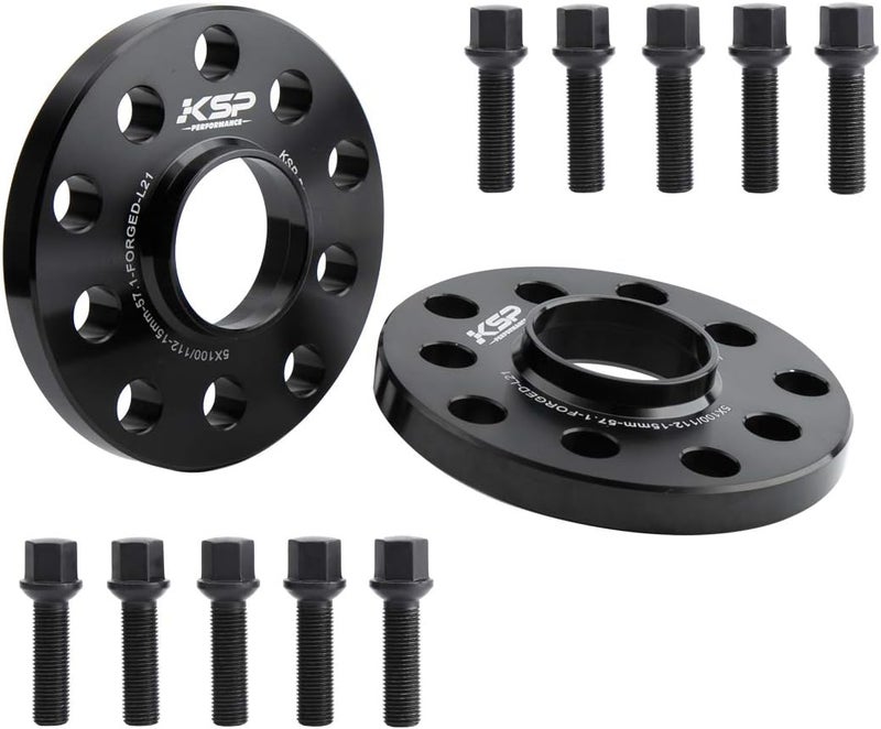 KSP PERFORMANCE KSP 15mm 5x100 Wheel Spacers with M14x1.5 Lug Bolts Compatible with Audi A3 A4 A6 A8 S4 S6 S8 TT, 2pcs 5x112 to 5x112 Hubcentric Spacer fit Golf Jetta Beetle Passat EOS Sedan Racing Car - Image 1