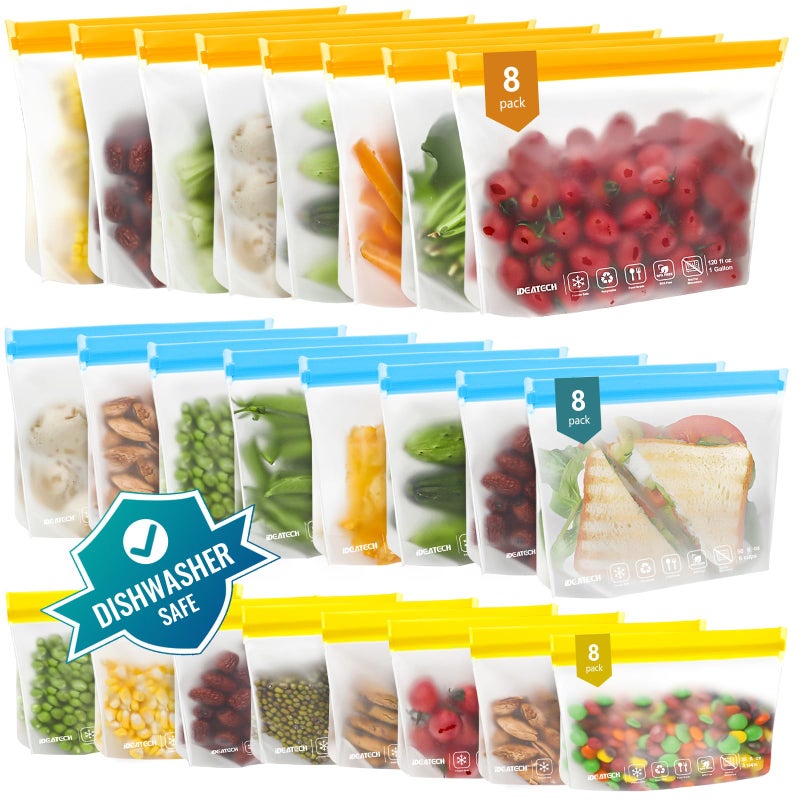 24Pack Reusable Food Freezer Bags Dishwasher Safe Leakproof Storage Contaizers Reusable Bags Various Size for Food Storage BPA Free Resealable Baggies8Gallon 8Quart 8SnackColored