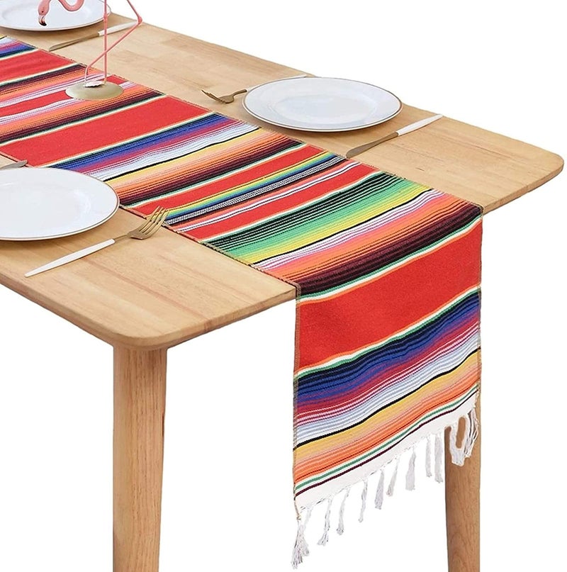 BOXAN Mexican Serape Table Runner for Mexican Party Wedding Decorations Outdoor Picnics Dining Table Fringe Cotton Blanket Fiesta Table Runners 14 x 84 Inch
