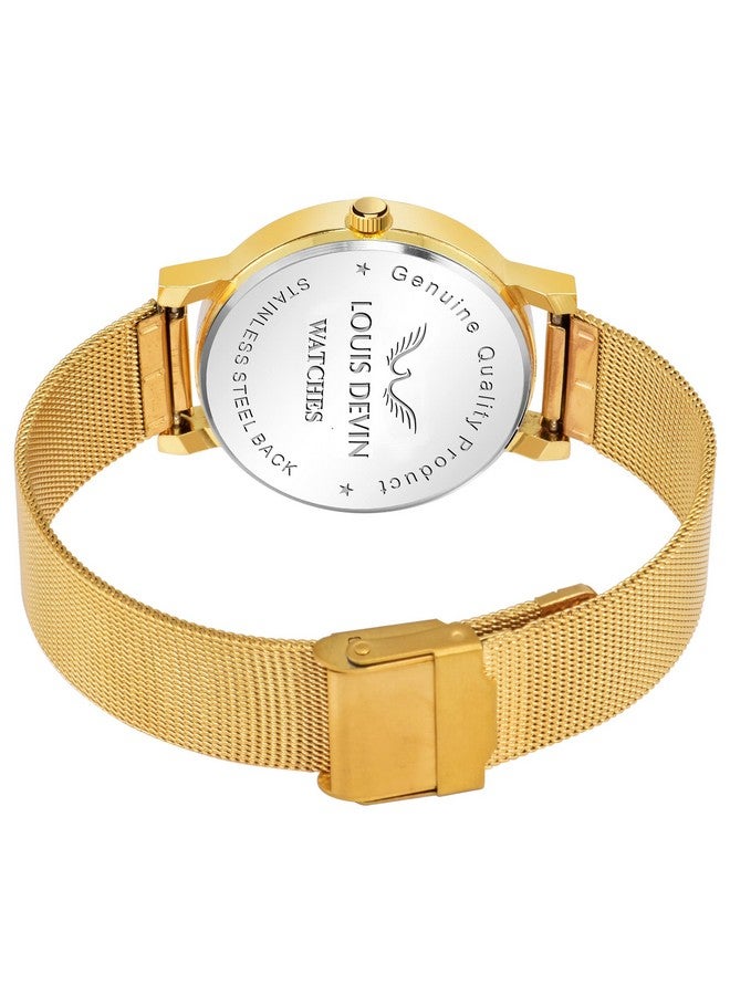 لويس ديفين ساعة لويس ديفين أنالوج بسلسلة شبكية معدنية مطلية بالذهب للنساء GLD144-GOLD - Image 3