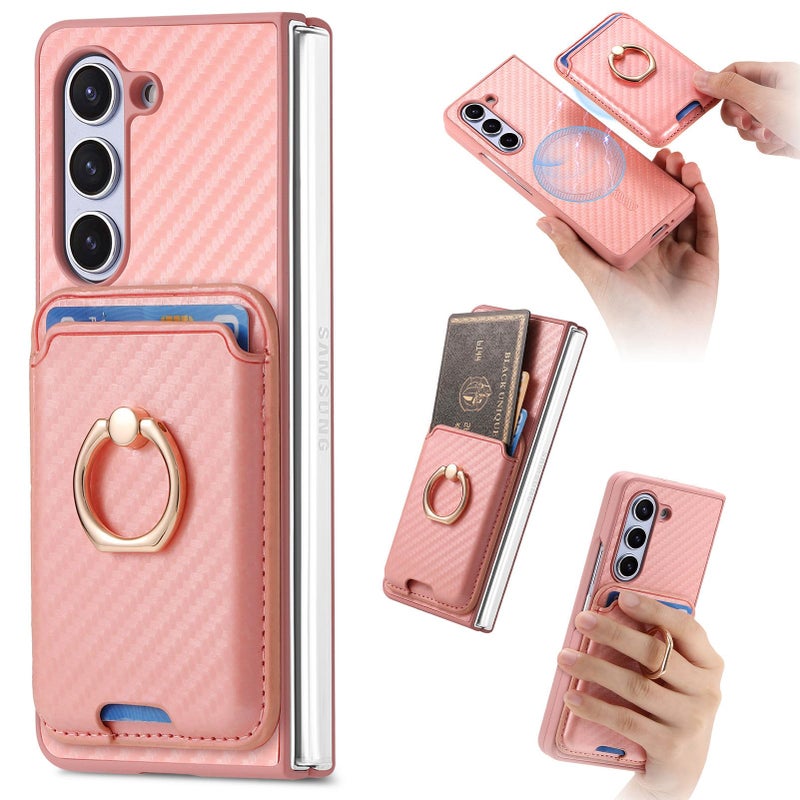 Asuwish Phone Case for Samsung Galaxy Z Fold 6 5G 2024 with Tempered Glass Screen Protector Detachable Magnetic Card Holder Ring Stand Wireless Charging Cell Wallet Cover for ZFold6 Z6 Fold6 6Z Pink