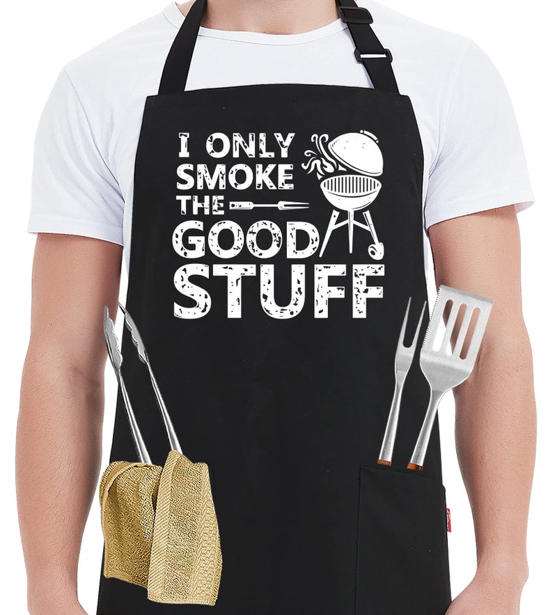 Kaidouma Funny Grill Aprons for Men I Only Smoke the Good Stuff Mens Funny Chef Cooking Grilling BBQ Aprons with 2 Pockets Birthday Fathers Day Christmas Gifts for Dad Husband Boyfriend Him