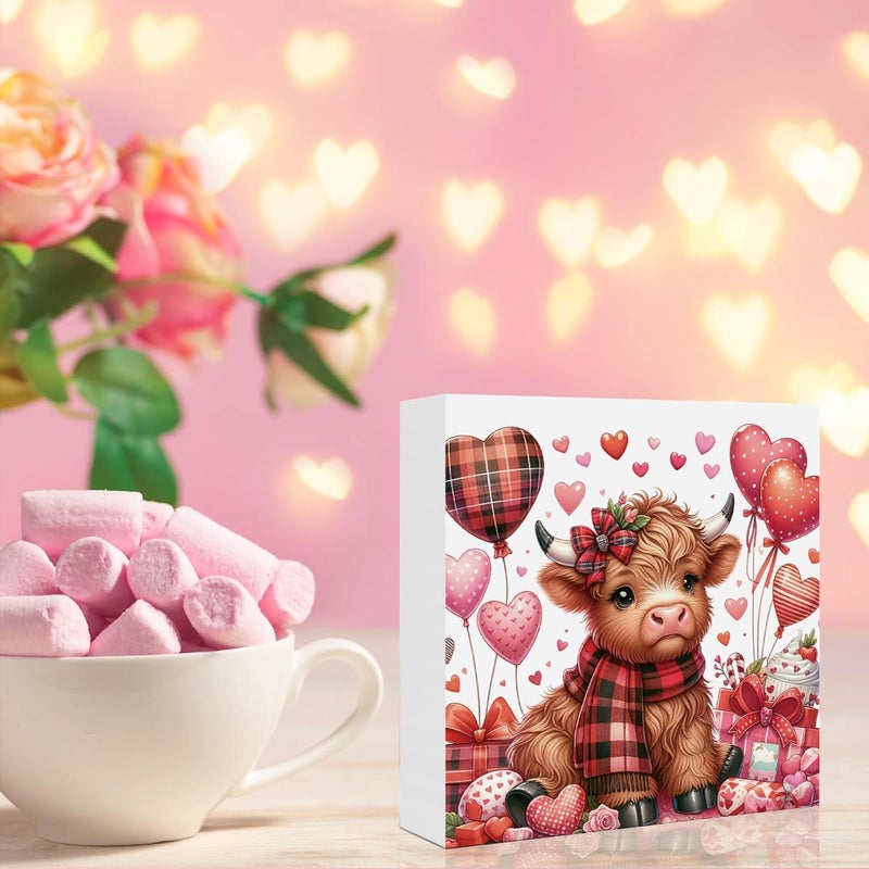 FXEFXE Valentines Day Decorations, Valentines Day Gifts for Her Him, Gift for Boyfriend Girlfriend, Heart Baby Highland Cow Anniversary Wooden Box Sign Husband Wife Home Office Bedroom Desk Decor - Image 3