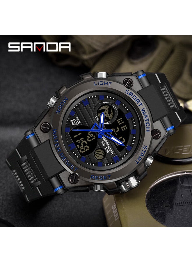 Sanda Men's Watch For Students, Sports, Teenagers, Middle And High School Students, Alarm Clock, Electronic Watch, Back-to Gift, 739 Black And Blue - Image 2