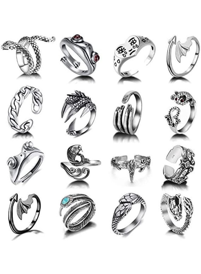 Men's Retro Open Ring Set Frog Snake Skull Cool Punk Goth Ring For Boys And Girls Adjustable