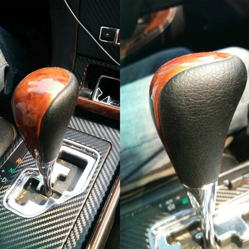 Luckam Gear Shift Knob, Leather Brown Wood Chrome Gear Shift Knob Compatible for Toyota Lexus Camry Crown (Black, Chrome) - Image 2